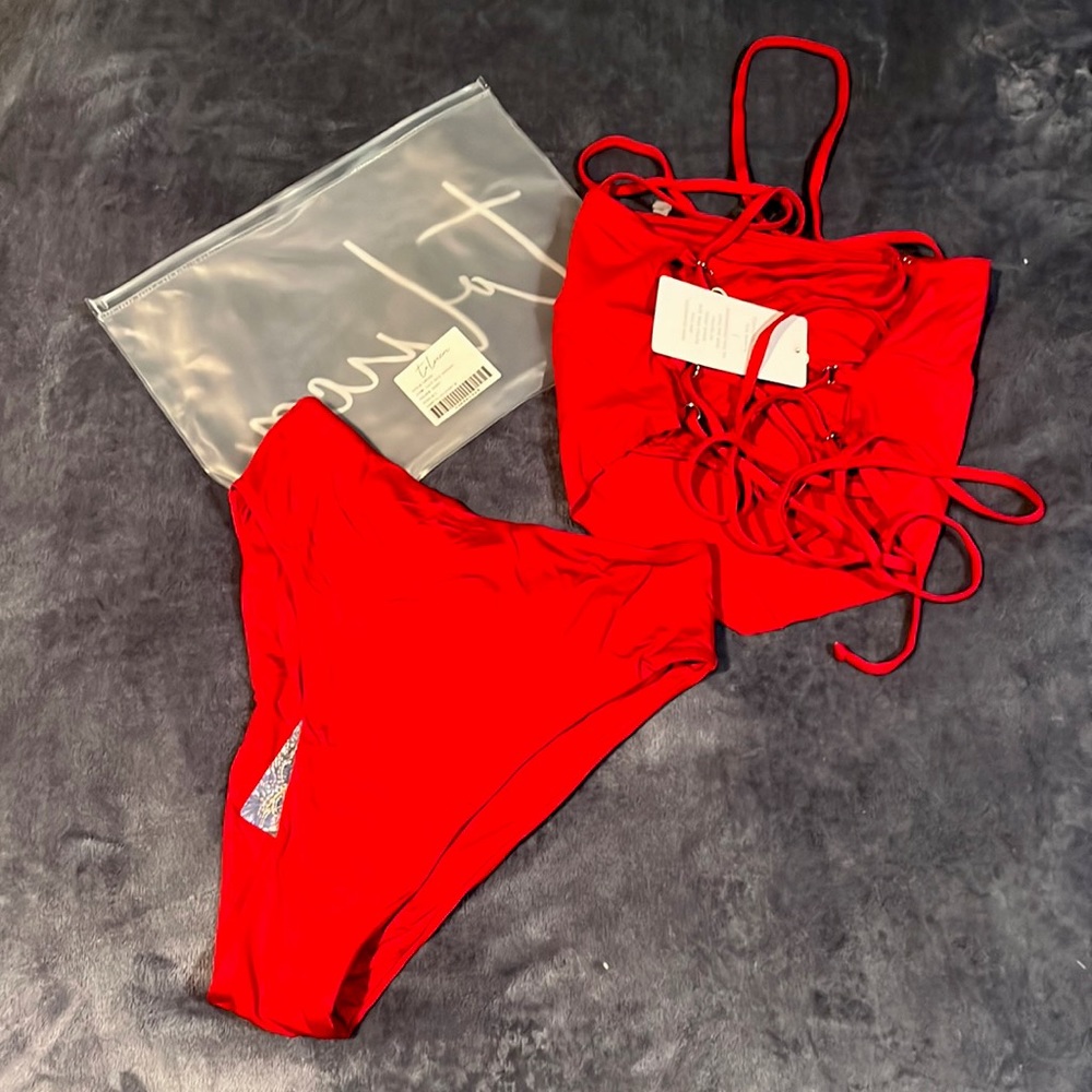 Toluca Gwynne Lace Back Bandana Top and High waisted Midi Bottoms Swimsuit set